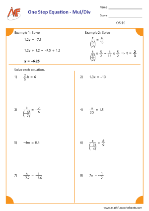 One Step Equation Worksheets