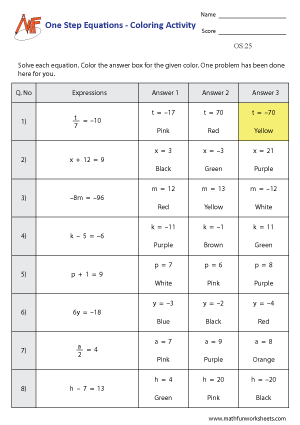 One Step Equation Worksheets