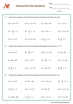 One Step Equation Worksheets