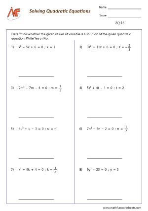 Solving Quadratic Equation Worksheets