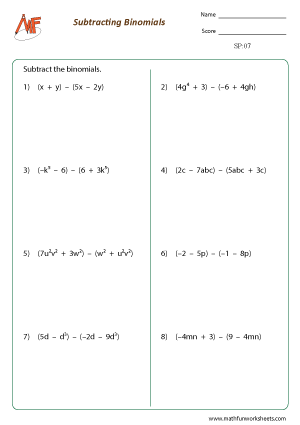 Subtracting Polynomials Worksheets