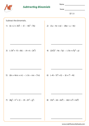 Subtracting Polynomials Worksheets