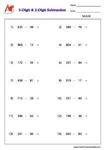 Number Subtraction – Horizontal