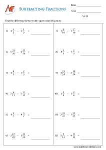 Fraction Subtraction Worksheets