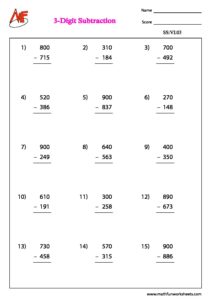 Subtraction – Problems Ending With Zero